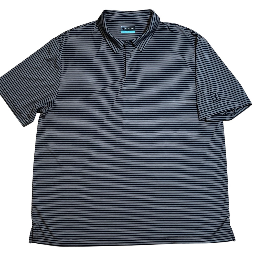 PGA Tour Polo Shirt Men XXL Black Grey Striped Golf Top Short Sleeve Preppy